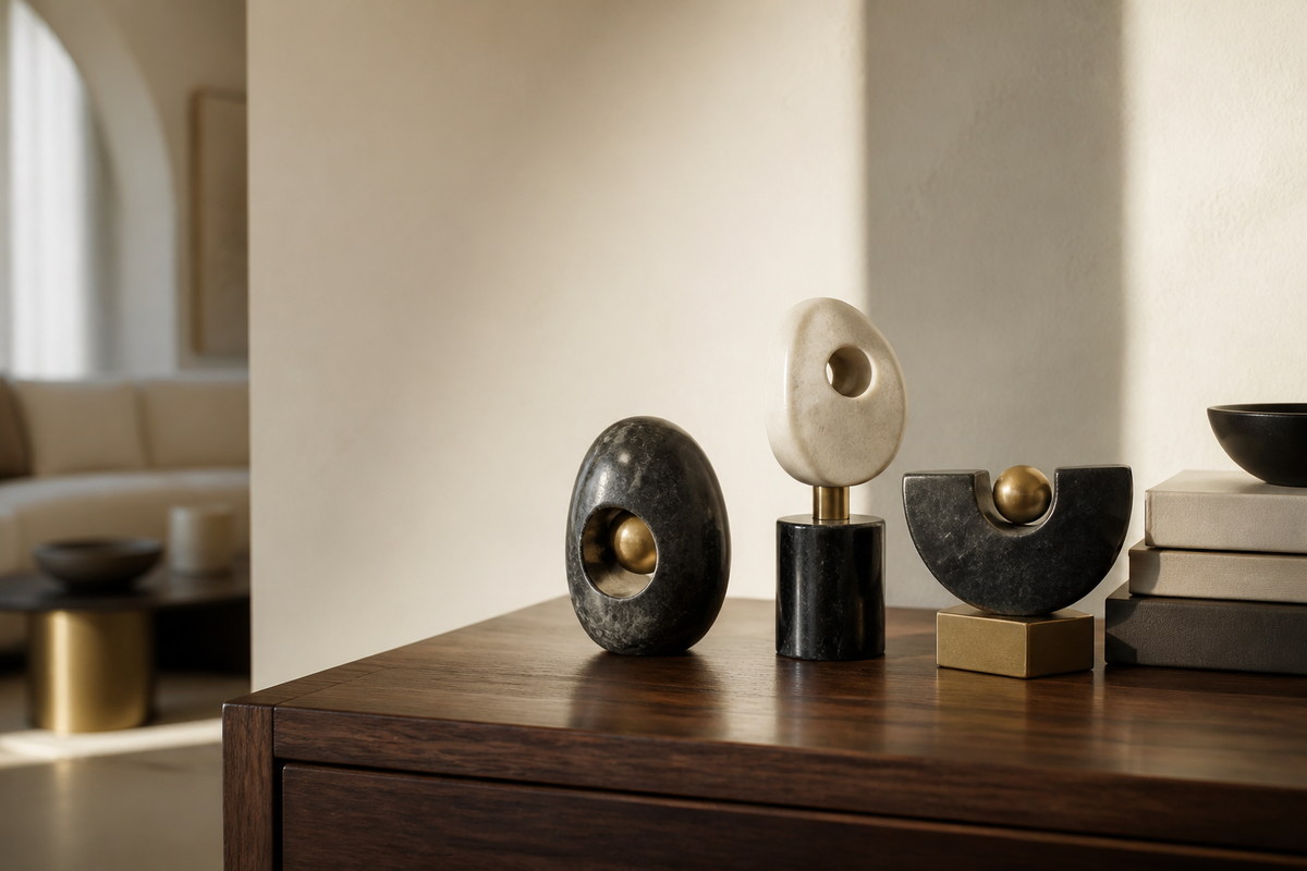 Sculptural desktop decor on a warm modern desk