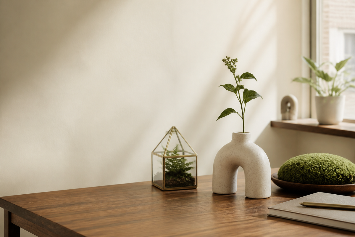 Small vases and botanical accents in a calm workspace